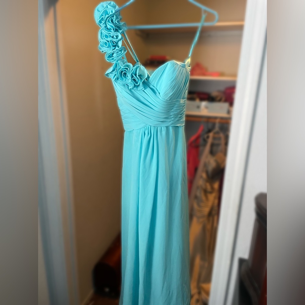 Blue one strap Azazie bridesmaid dress
